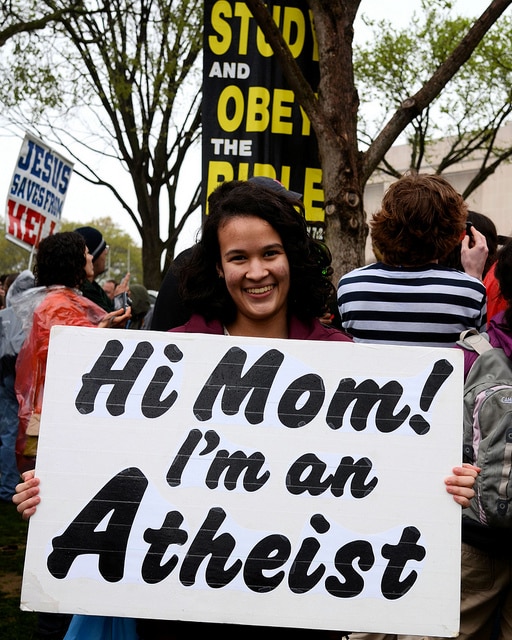 atheist mom with sign