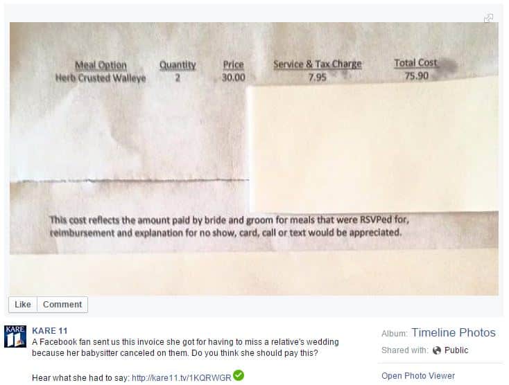 Bride Sends Tacky Bill to the Parents Who Bailed on Her Child-Free Wedding