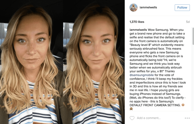 Wellness Blogger Calls Out Samsung Phones for Assuming Everyone Wants a Good ‘Beautifying’