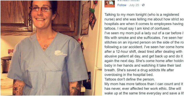 Tattooed Nurse’s Son Passionately Defends Her Visible Ink in Viral Post