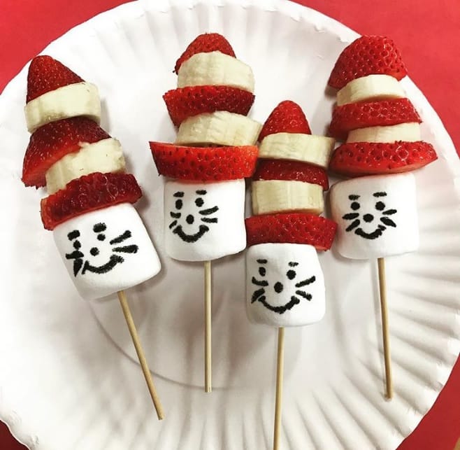 Pinterest Worthy Kids School Snacks Ideas Cat In The Hat Marshmallows, Bananas, and Strawberries